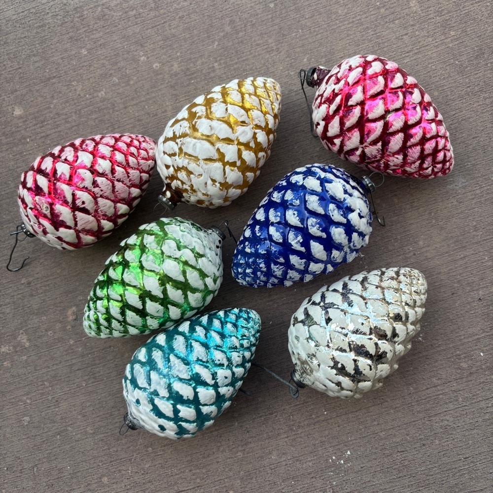 7pc Vintage Japan Snowy Pine Cone Glass Christmas Ornaments Pink Blue Green 3”